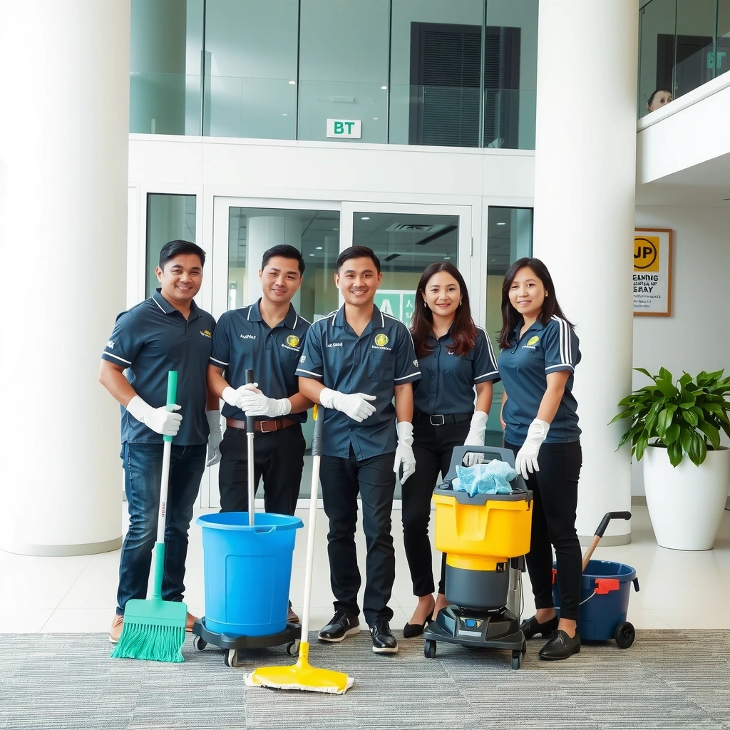 Professional cleaning team with equipment